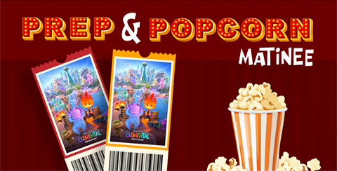 red curtain background with a popcorn bucket, movie tickets for 